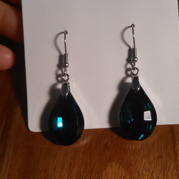 Green Glass Silvertone and Stainless Steel Drop Earrings - Picture 12 of 15